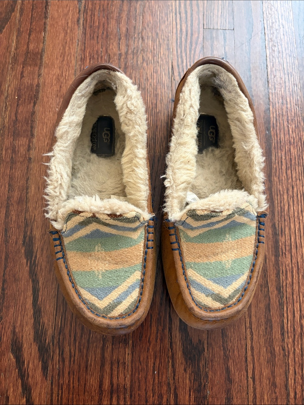 UGG Women's Brown Suede Moccasin Slippers with Patterned Fabric